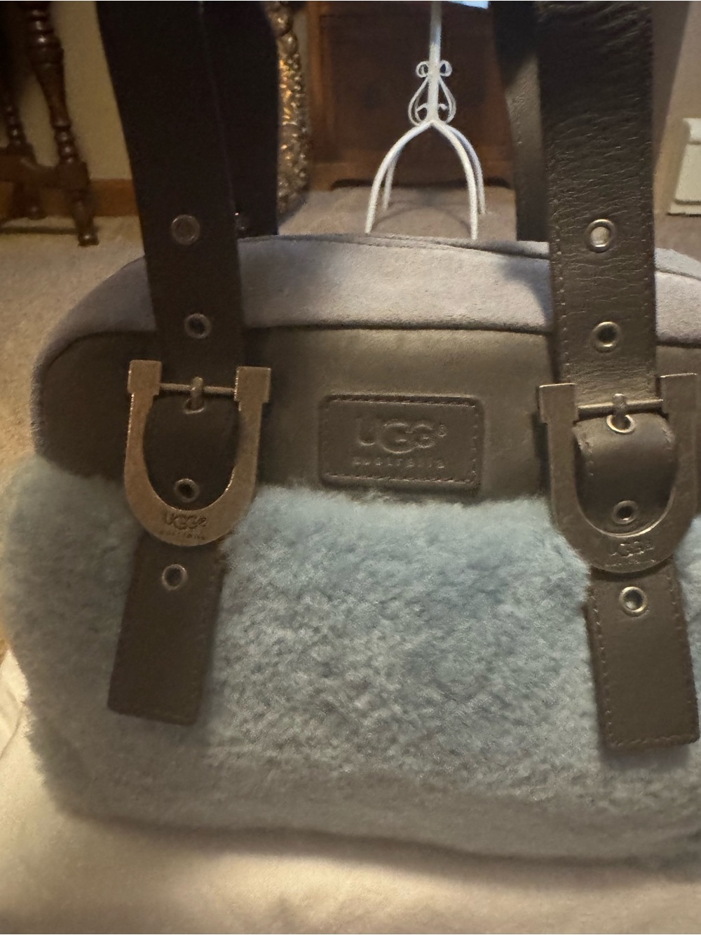 UGG Women's Blue Shearling Satchel with Brown Leather Trim - Picture 6 of 6